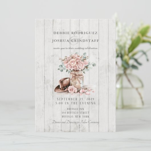 Rustic Wood Mason Jar Floral Wedding Invitation  Kaart (Staand voorkant)