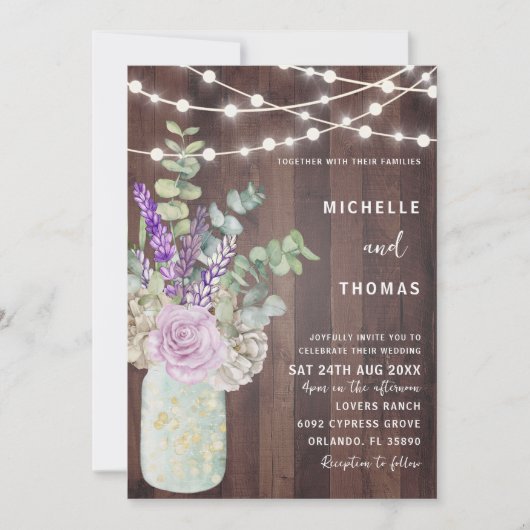 Rustic Wood Mason Jar & Floral Wedding Kaart (Voorkant)
