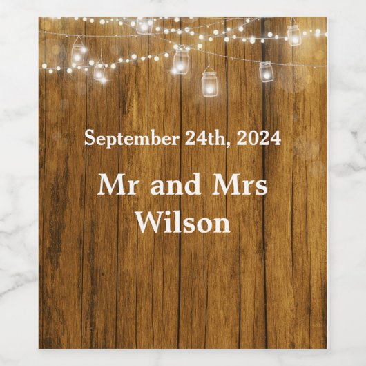 Rustic Wood Mason Jar Hanging Lights Wedding Wijn Etiket (Enkel label)