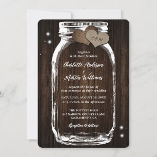 Rustic Wood Mason Jar Heart Wedding Uitnodiging