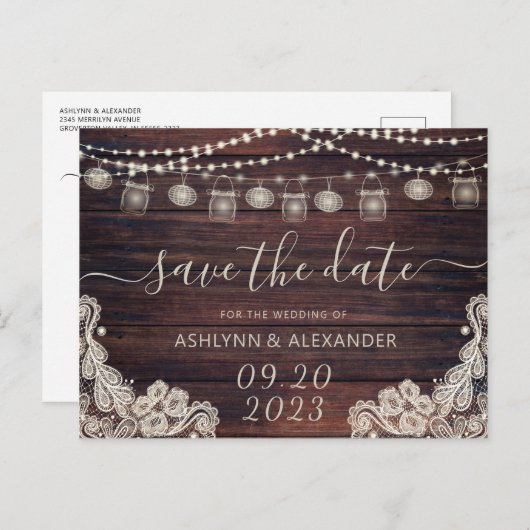 Rustic Wood Mason Jar Lights BESPAAR DE DATUM Aankondigingskaart (Voorkant / Achterkant)