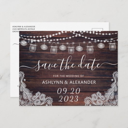 Rustic Wood Mason Jar Lights BESPAAR DE DATUM Briefkaart (Voorkant / Achterkant)