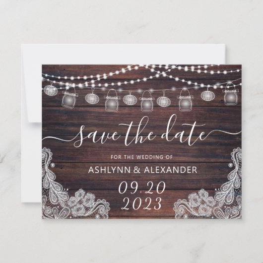 Rustic Wood Mason Jar Lights BESPAAR DE DATUM Save The Date (Voorkant)