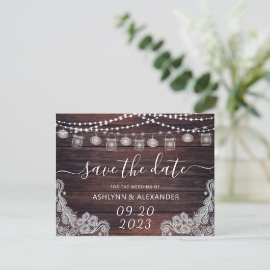 Rustic Wood Mason Jar Lights BESPAAR DE DATUM Save The Date (Staand voorkant)