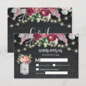 Rustic Wood Mason Jar Lights Burgundy RSVP Kaartje (Voorkant / Achterkant)