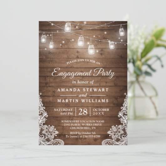 Rustic Wood Mason Jar Lights Lace Engagement Party Kaart (Staand voorkant)