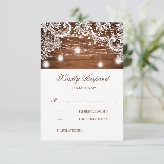 Rustic Wood Mason Jar Lights Lace Wedding RSVP (Staand voorkant)