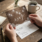 Rustic Wood Mason Jar Lights Lace Wedding RSVP Uitnodiging Briefkaart