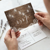 Rustic Wood Mason Jar Lights Lace Wedding RSVP Uitnodiging Briefkaart