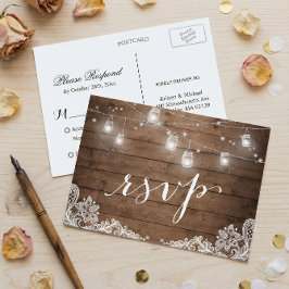 Rustic Wood Mason Jar Lights Lace Wedding RSVP Uitnodiging Briefkaart