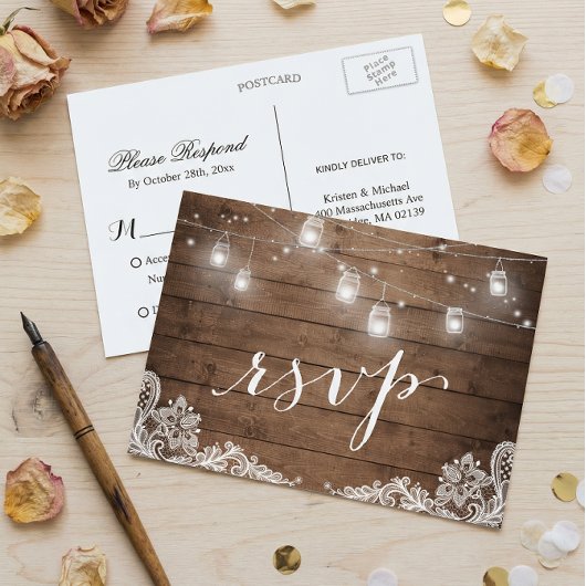 Rustic Wood Mason Jar Lights Lace Wedding RSVP Uitnodiging Briefkaart