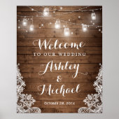Rustic Wood Mason Jar Lights Lace Wedding Sign Poster (Voorkant)