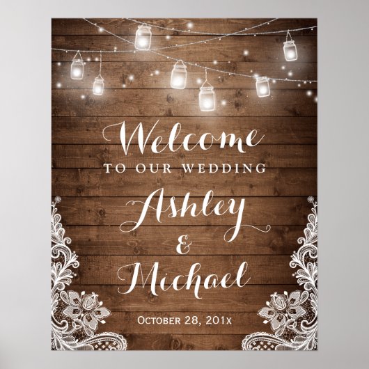 Rustic Wood Mason Jar Lights Lace Wedding Sign Poster (Voorkant)