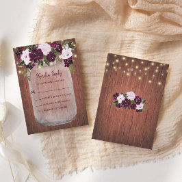 Rustic Wood Mason Jar Plum Floral Wedding RSVP Kaartje