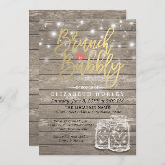 Rustic Wood Mason Jar String Light Brunch & Bubble Kaart (Voorkant / Achterkant)