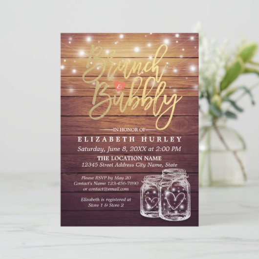 Rustic Wood Mason Jar String Light Brunch & Bubble Kaart (Staand voorkant)