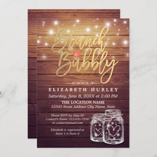 Rustic Wood Mason Jar String Light Brunch & Bubble Kaart (Voorkant / Achterkant)
