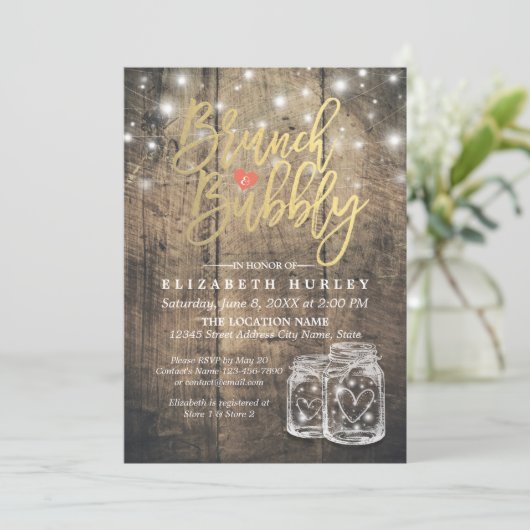 Rustic Wood Mason Jar String Light Brunch & Bubble Kaart (Staand voorkant)