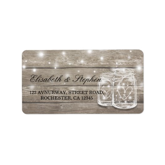 Rustic Wood Mason Jar String Light Wedding Address Etiket (Voorkant)