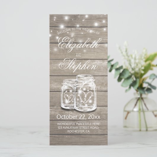 Rustic Wood Mason Jar String Light Wedding Program Programmakaart (Staand voorkant)