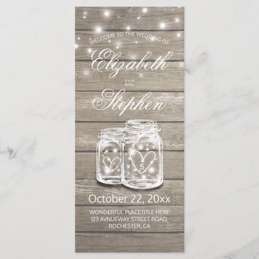 Rustic Wood Mason Jar String Light Wedding Program Programmakaart (Voorkant)