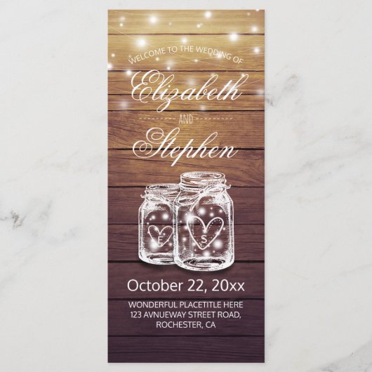 Rustic Wood Mason Jar String Light Wedding Program Programmakaart (Voorkant)