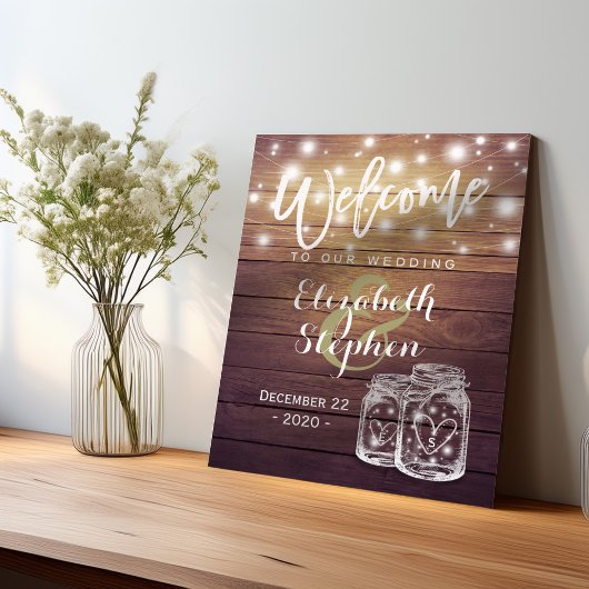 Rustic Wood Mason Jar String Light Weduwen Welkom Poster