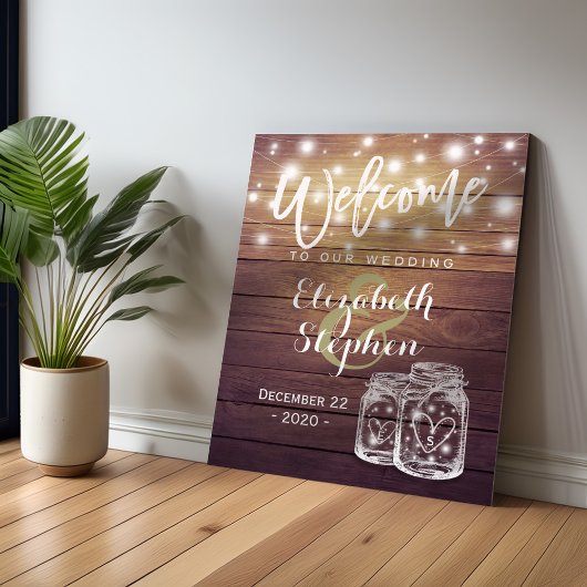 Rustic Wood Mason Jar String Light Weduwen Welkom Poster