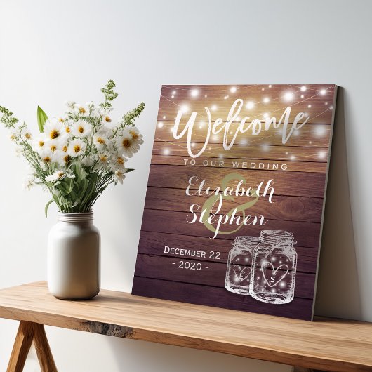 Rustic Wood Mason Jar String Light Weduwen Welkom Poster