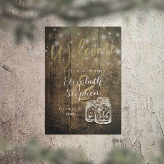 Rustic Wood Mason Jar String Light Weduwen Welkom Poster