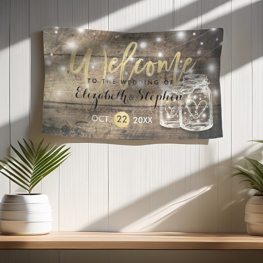 Rustic Wood Mason Jar String Light Weduwen Welkom Spandoek