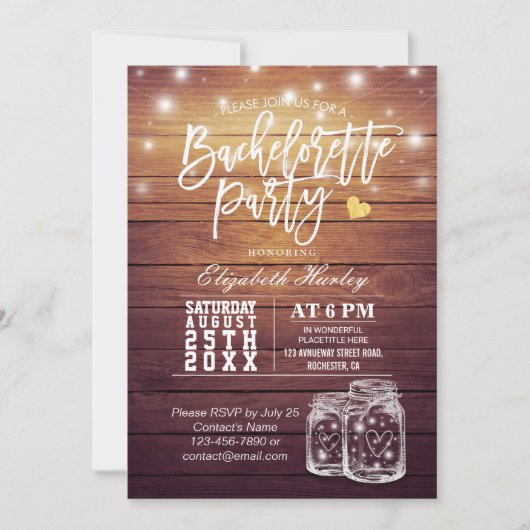 Rustic Wood & Mason Jar String Lights Bachelorette Kaart (Voorkant)
