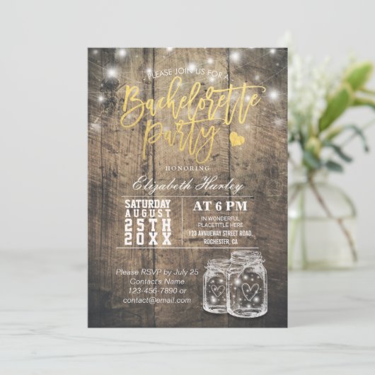Rustic Wood & Mason Jar String Lights Bachelorette Kaart (Staand voorkant)