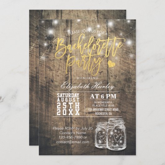 Rustic Wood & Mason Jar String Lights Bachelorette Kaart (Voorkant / Achterkant)