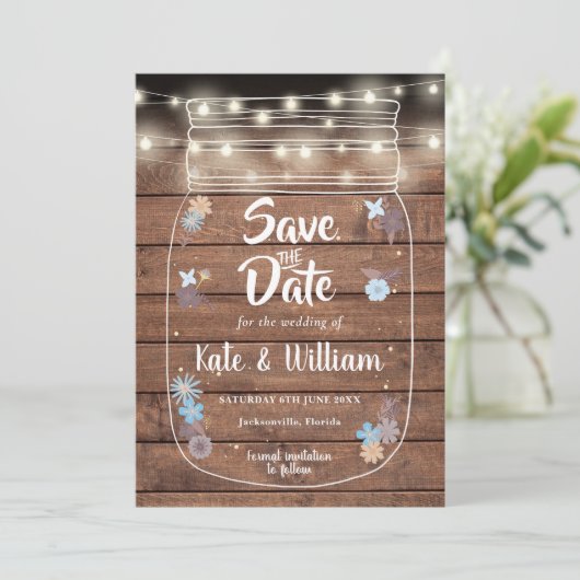 Rustic Wood Mason Jar String Lights Floral Save The Date (Staand voorkant)