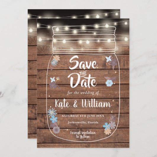 Rustic Wood Mason Jar String Lights Floral Save The Date (Voorkant / Achterkant)