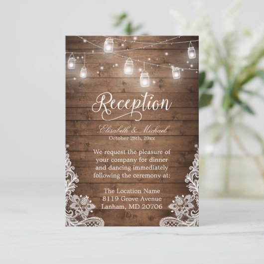 Rustic Wood Mason Jar String Lights Reception Kaart (Staand voorkant)