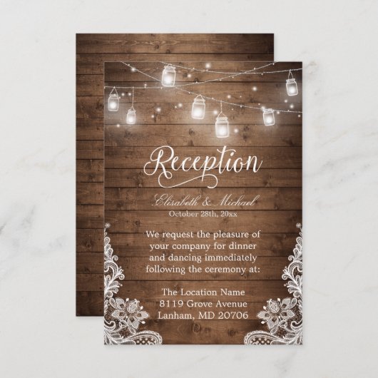 Rustic Wood Mason Jar String Lights Reception Kaart (Voorkant / Achterkant)