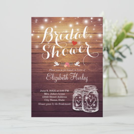 Rustic Wood Mason Jar String Lights Vrijgezellenfe Kaart (Staand voorkant)