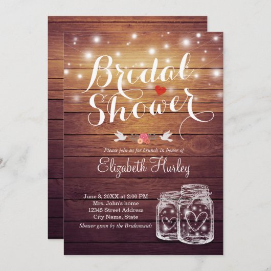 Rustic Wood Mason Jar String Lights Vrijgezellenfe Kaart (Voorkant / Achterkant)