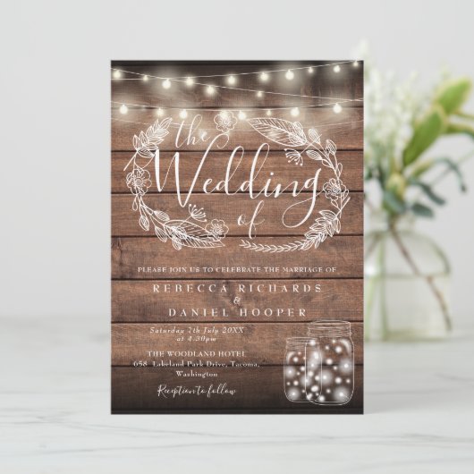 Rustic Wood Mason Jar String Lights Weddenschap Kaart (Staand voorkant)