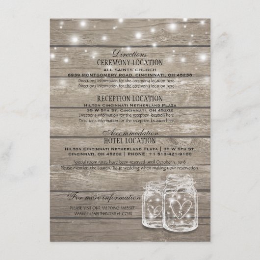 Rustic Wood Mason Jar String Lights Wedding Detail Informatiekaartje (Voorkant)