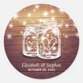 Rustic Wood Mason Jar String Lights Wedding Favor Ronde Sticker (Voorkant)