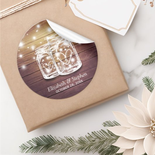 Rustic Wood Mason Jar String Lights Wedding Favor Ronde Sticker