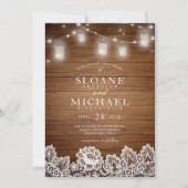 Rustic Wood Mason Jar String Lights Wedding Kaart (Voorkant)