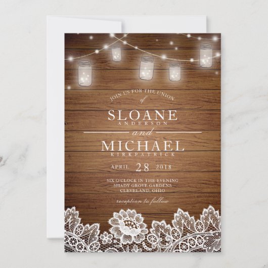 Rustic Wood Mason Jar String Lights Wedding Kaart (Voorkant)