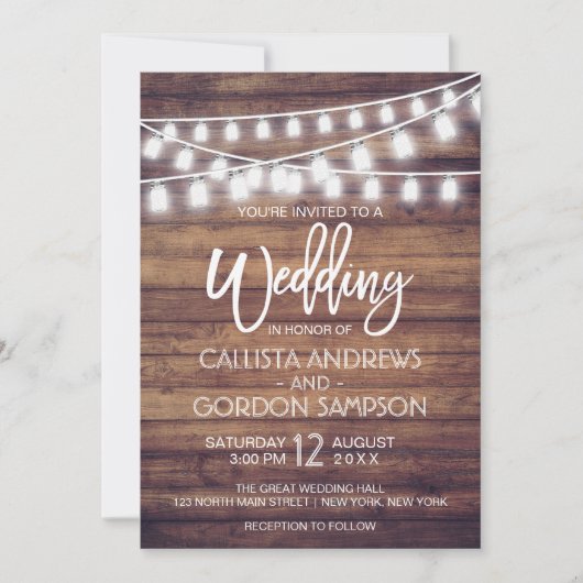 Rustic Wood Mason Jar String Lights Wedding Kaart (Voorkant)