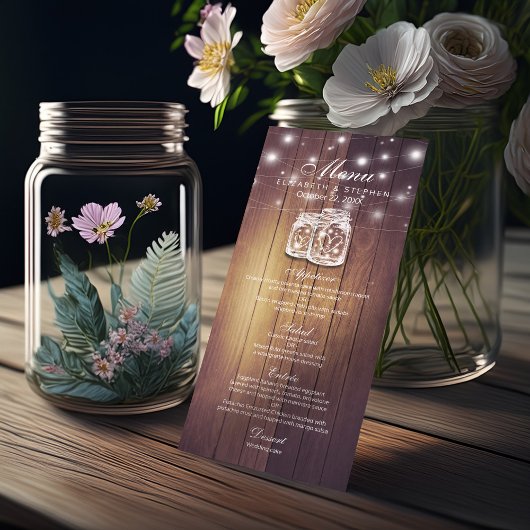 Rustic Wood & Mason Jar String Lights Wedding Menu
