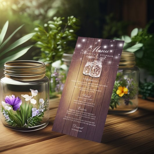 Rustic Wood & Mason Jar String Lights Wedding Menu