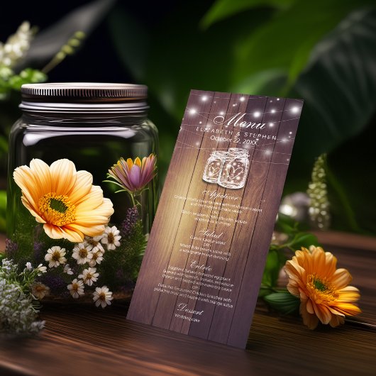 Rustic Wood & Mason Jar String Lights Wedding Menu